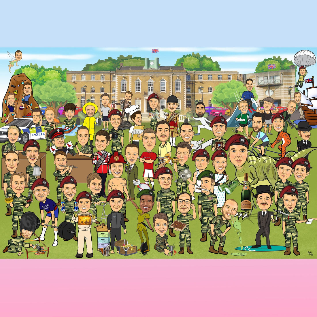 Large Group Military Leaving Gift Caricature