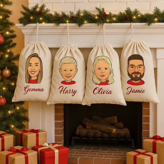 Four drawstring santa sacks with caricatures and names hanging by a fireplace with Christmas decorations.