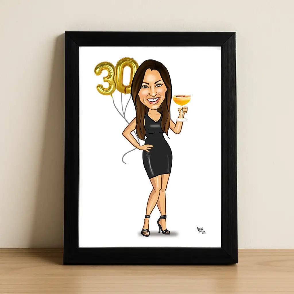 Birthday Girl in cocktail dress A4 (8x12") framed