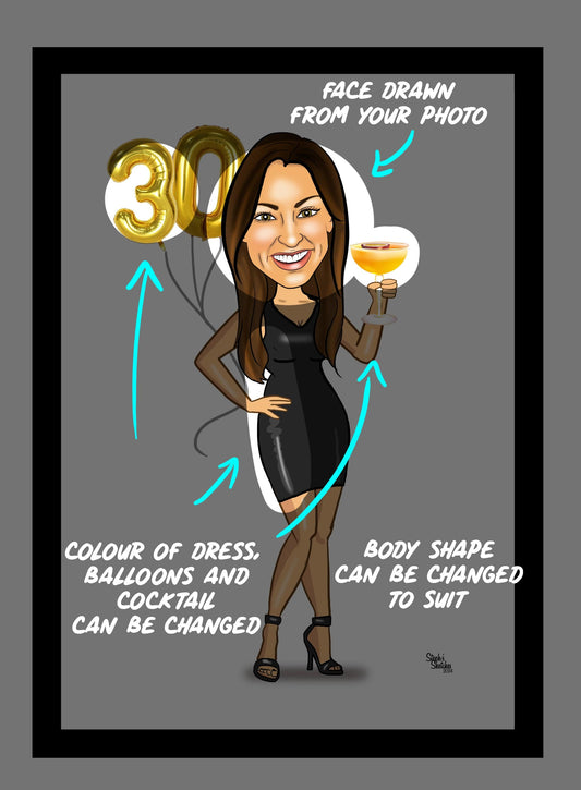 Birthday Girl in cocktail dress A4 (8x12") framed