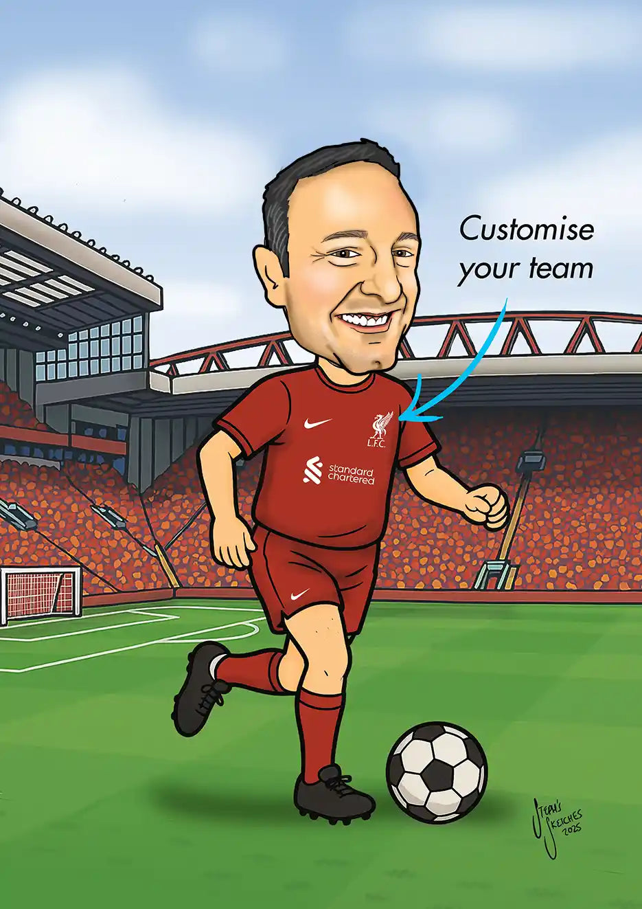 custom football caricature Liverpool team drawn from your photos. Customise it to your team of choice