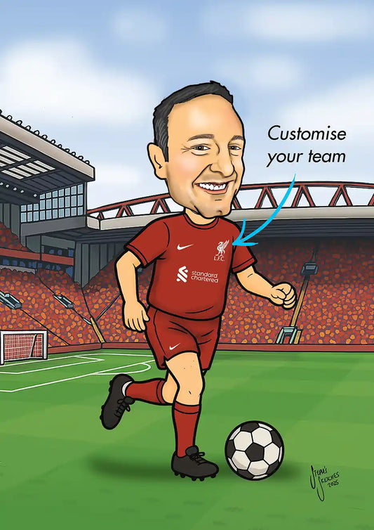 custom football caricature Liverpool team drawn from your photos. Customise it to your team of choice