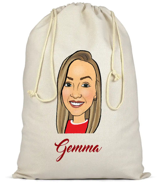 Drawstring santa sack with a caricature of a woman and the name 'Gemma' on a white background