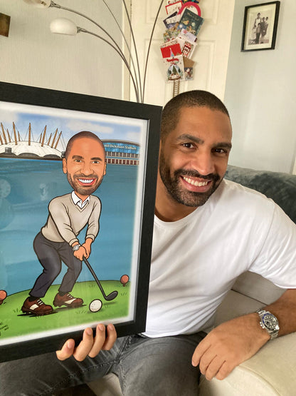 Man holding a framed caricature of himself playing golf in a living room.