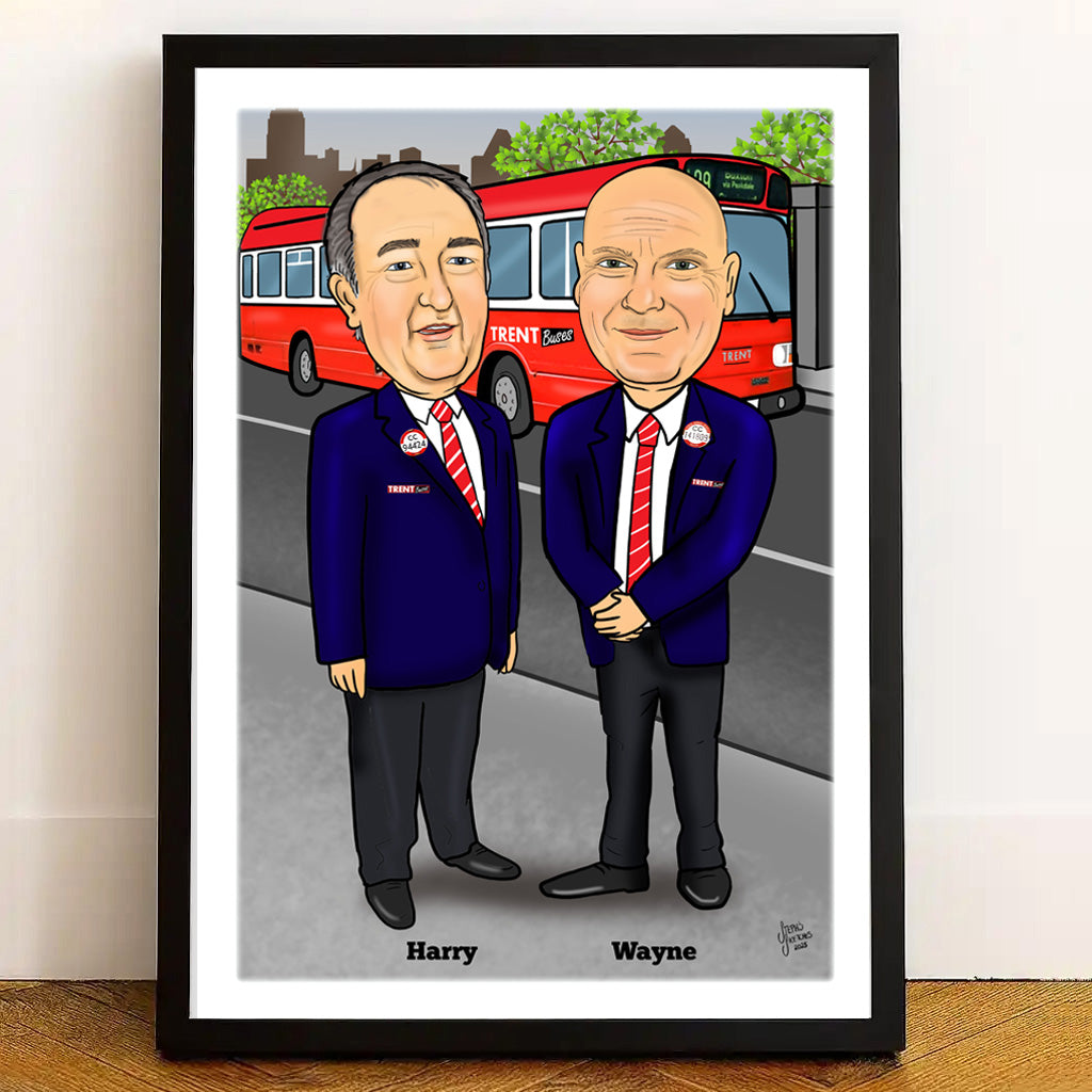 Framed caricature of two men named Harry and Wayne with a red bus in the background.