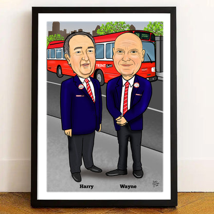 Framed caricature of two men named Harry and Wayne with a red bus in the background.