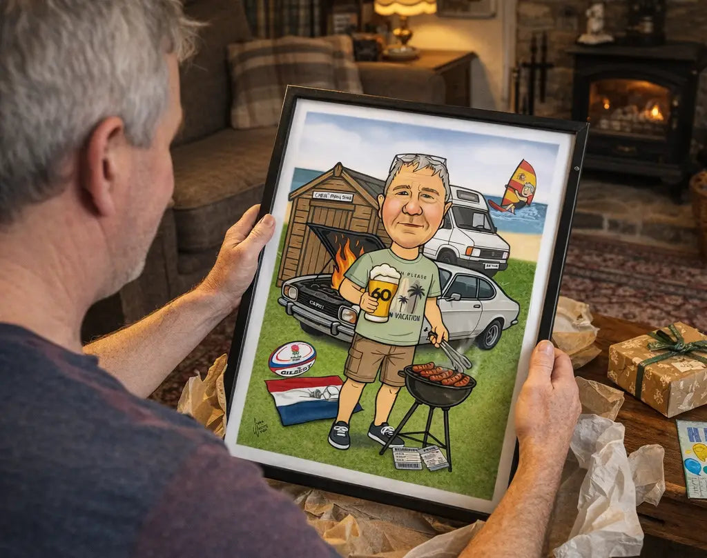 Person holding a framed caricature of a man grilling outdoors in a cozy living room.