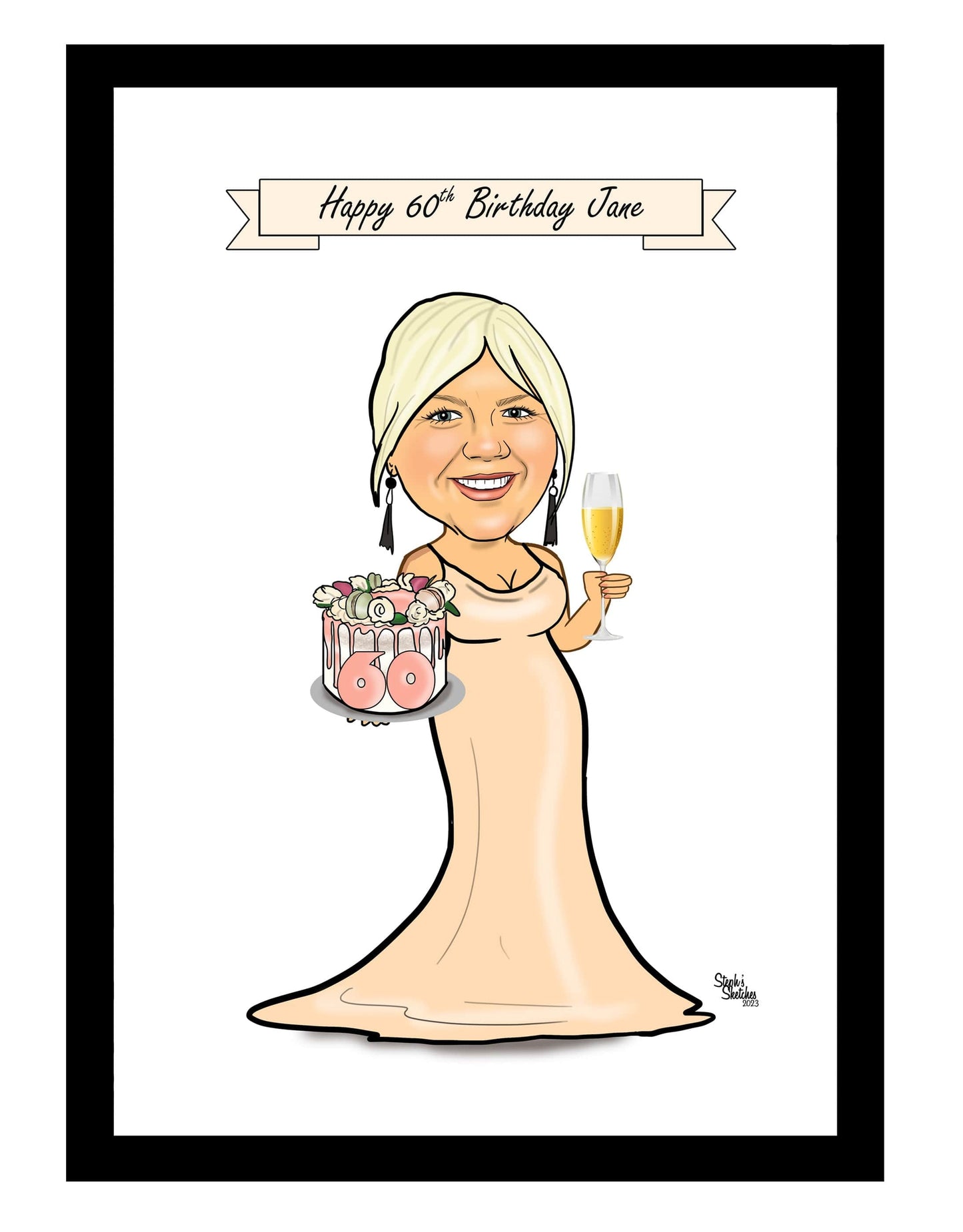 Birthday Girl caricature A4 (8x12") framed