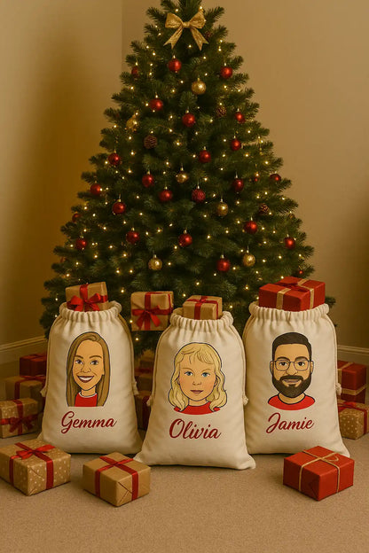 Three santa sacks with personalized caricatures and names in front of a decorated Christmas tree.