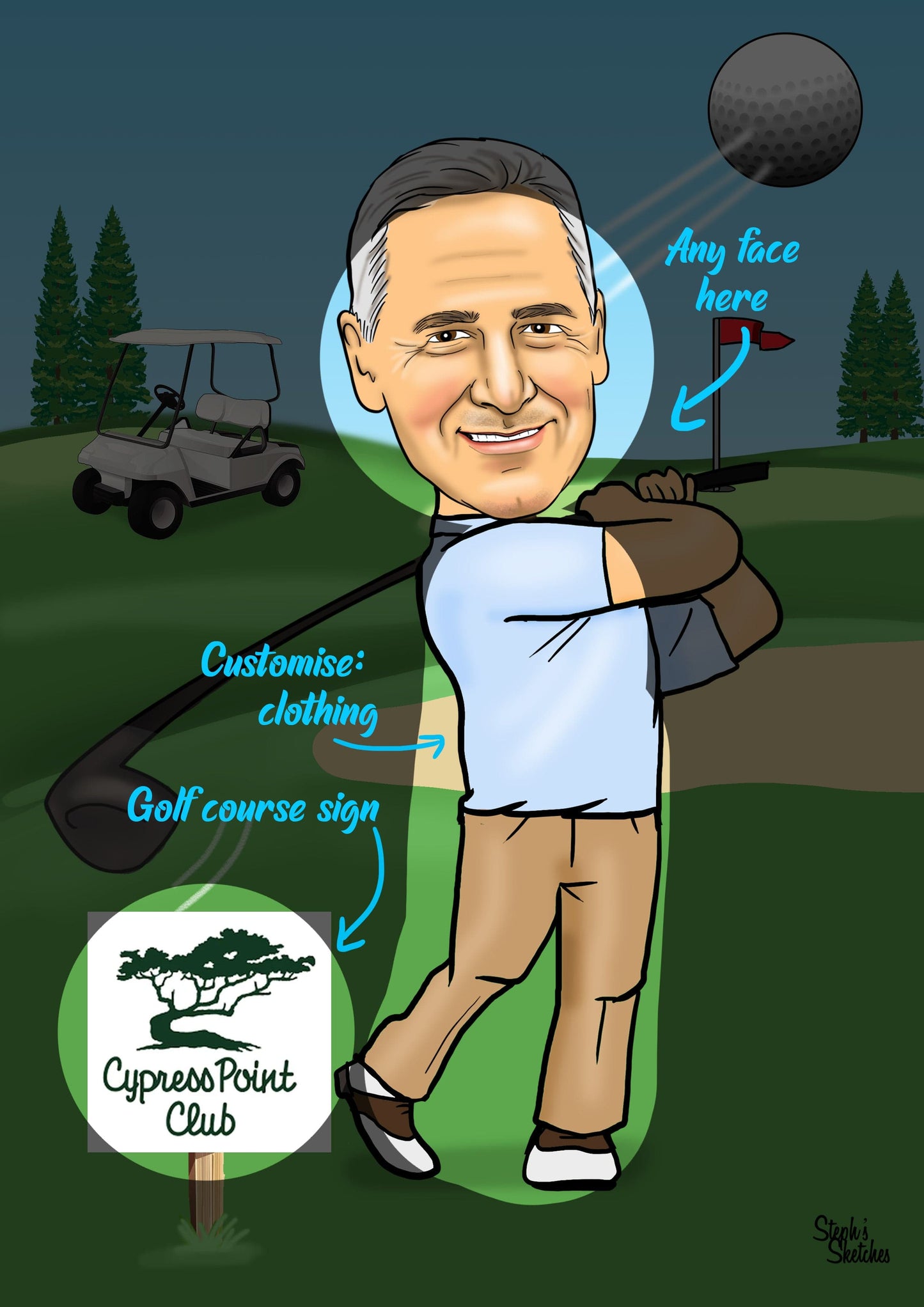 Man Custom Golf | Man Golf Caricature | Steph's Sketches