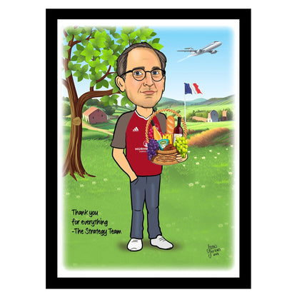 Cartoon character holding a basket of fruits and wine with a landscape background.