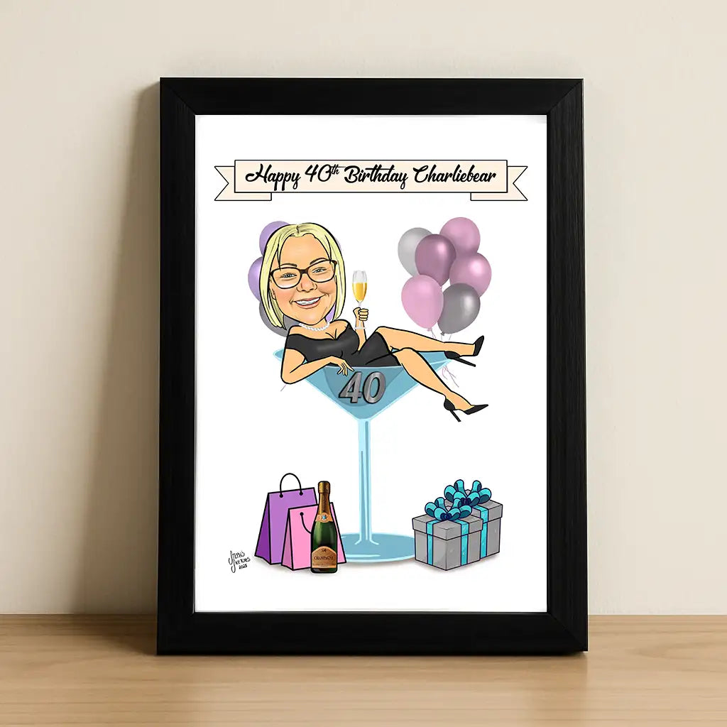 birthday caricature of woman in martini glass with ballooons and a bottle of champagne