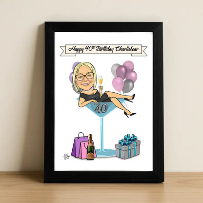 birthday caricature of woman in martini glass with ballooons and a bottle of champagne