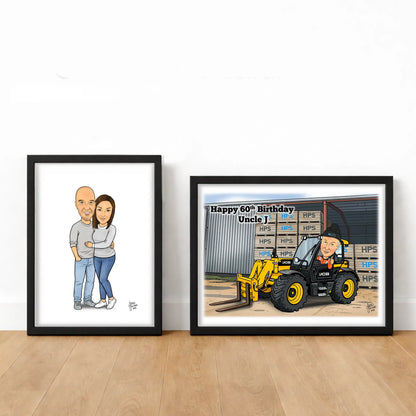 Two framed caricatures on a wooden floor with a white wall background.