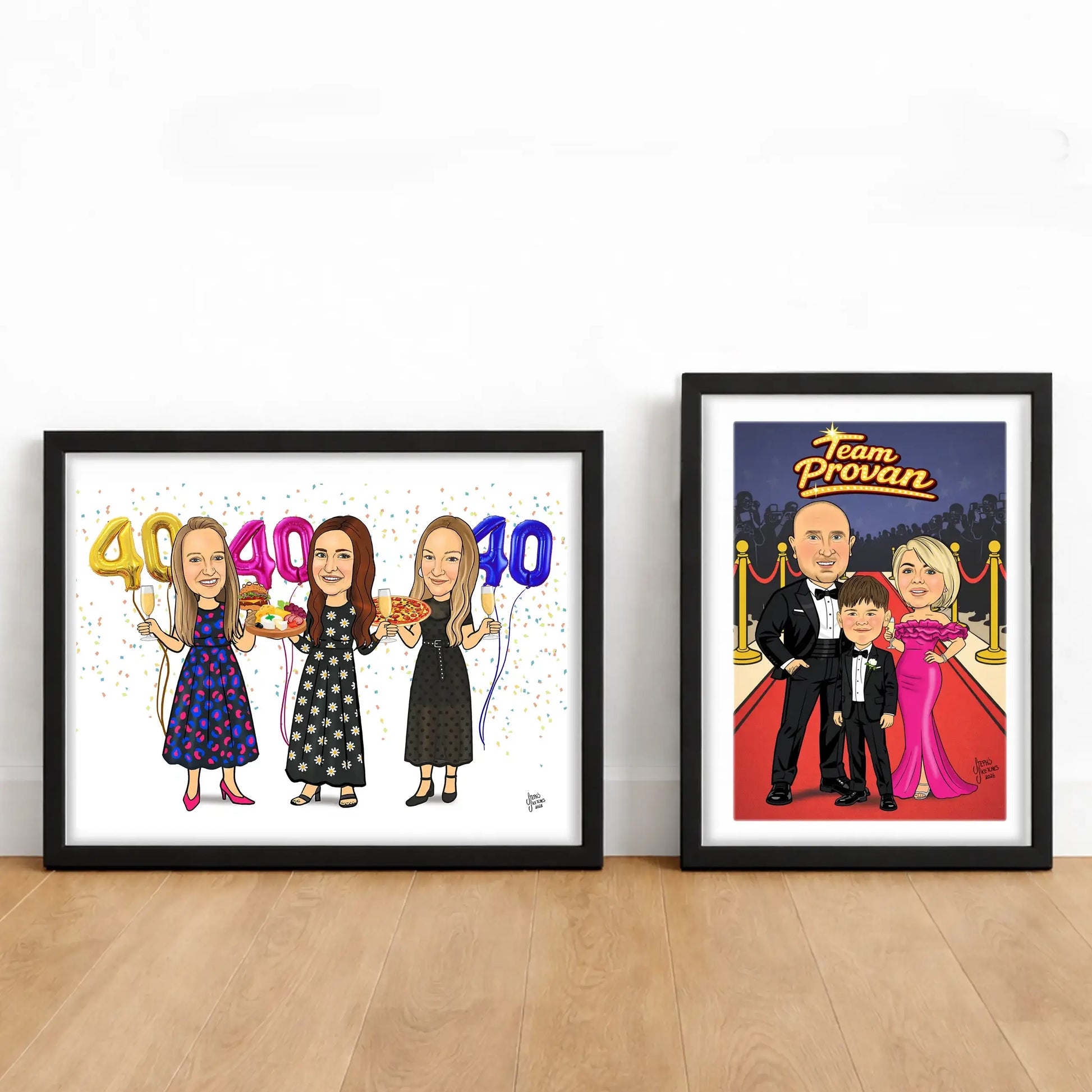 Two framed caricatures on a wooden floor with a white wall background.
