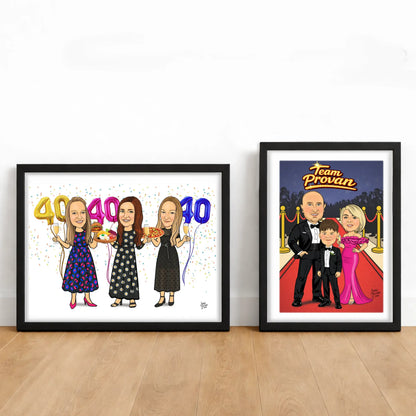 Two framed caricatures on a wooden floor with a white wall background.
