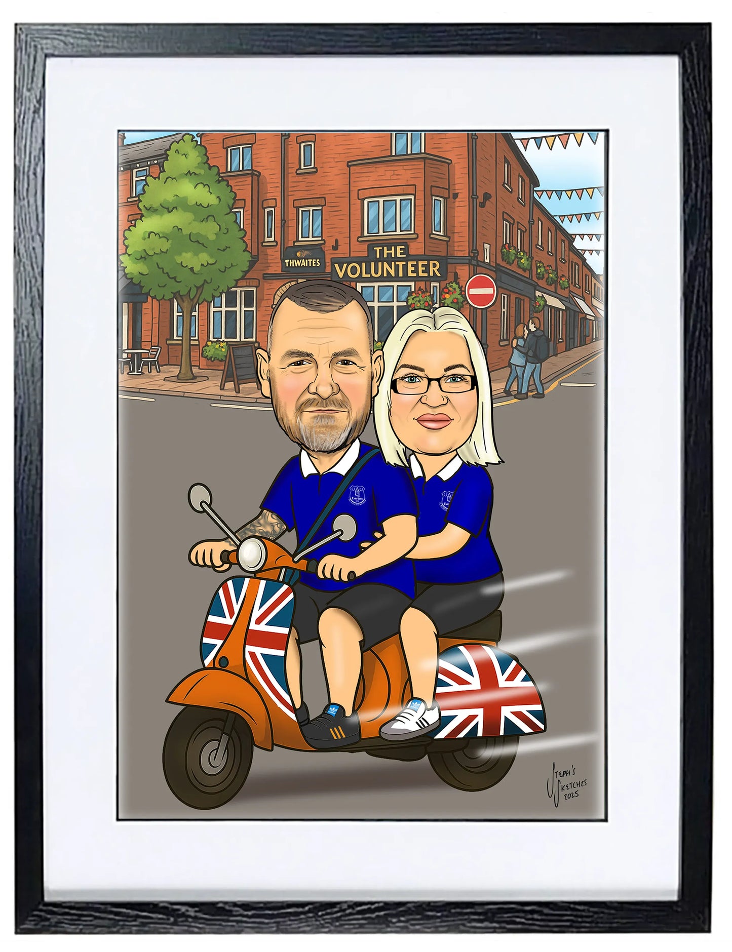 couple on a vespa caricature with pub in the background