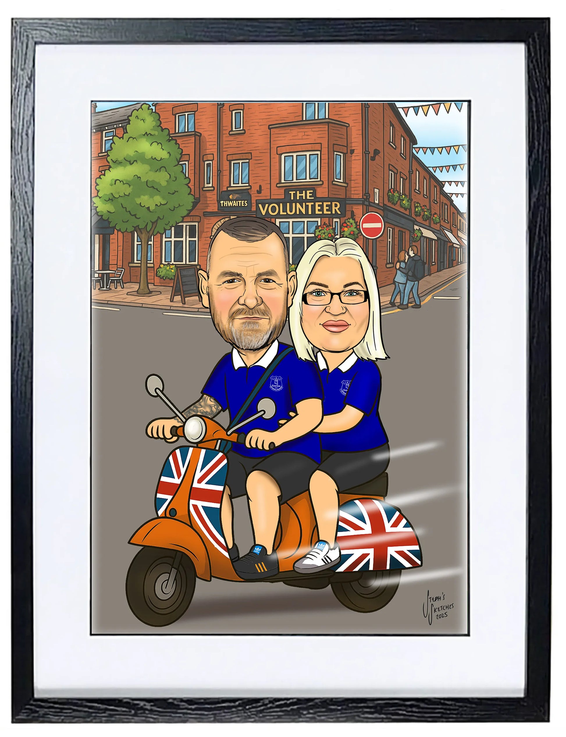 couple on a vespa caricature with pub in the background