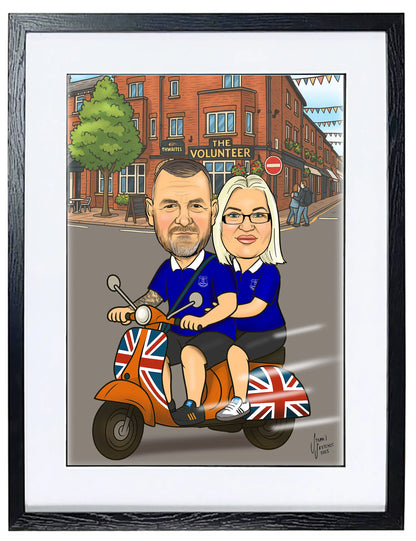 couple on a vespa caricature with pub in the background
