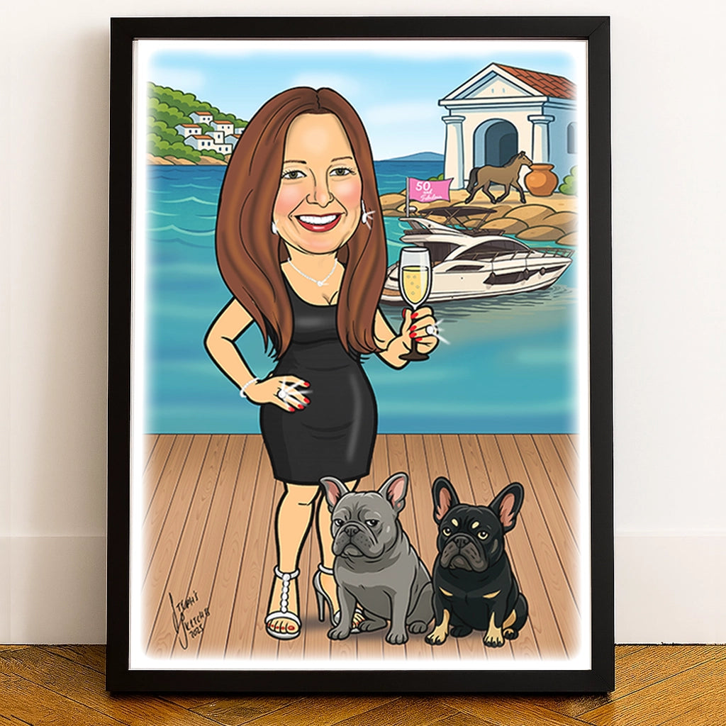 Caricature of a woman with two dogs on a dock with a boat and scenic background