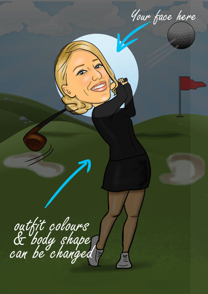 Female Golfer Caricature | Woman Golf Caricature | Steph's Sketches