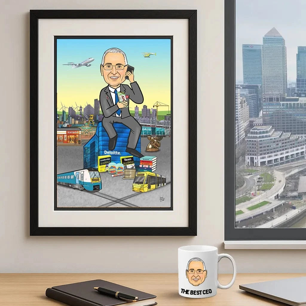 hand drawn framed retirement caricature from photo which includes a custom caricature mug