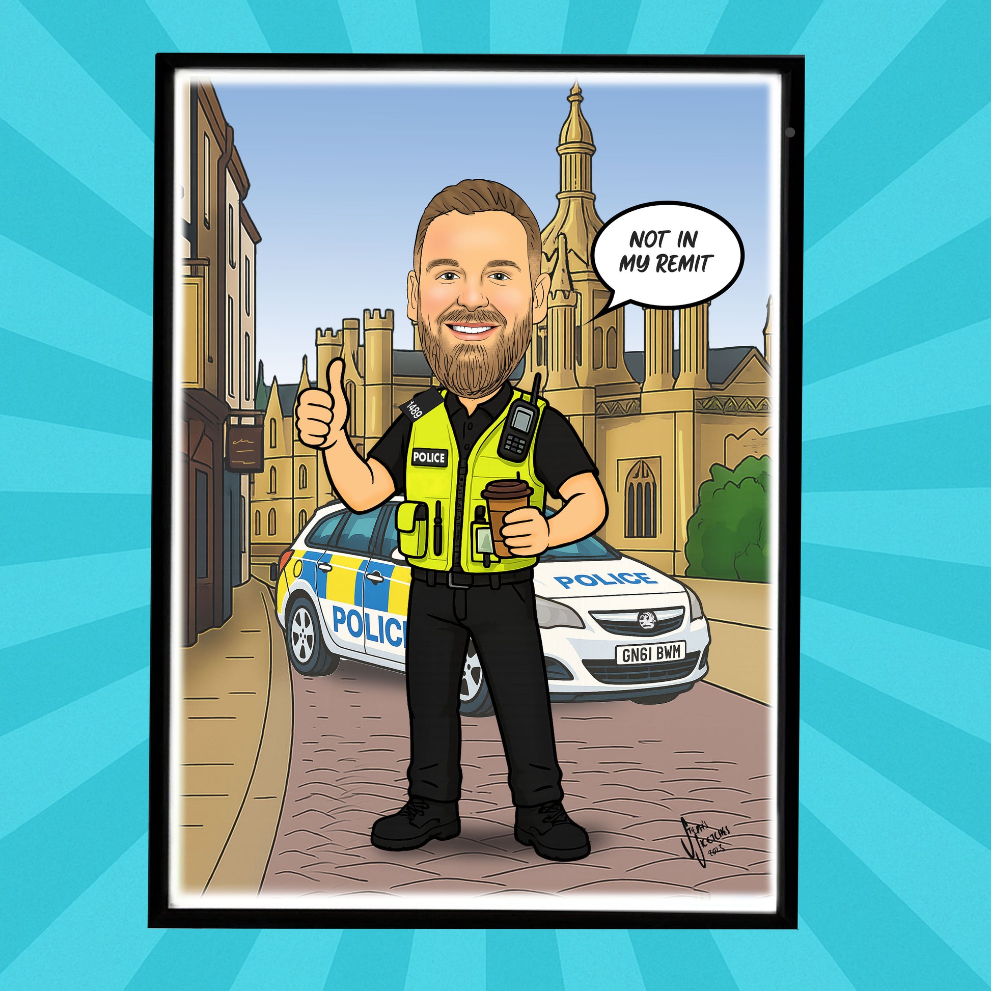 Cartoon police officer caricature with a speech bubble saying 'Not in my remit' in front of a police car and a building.