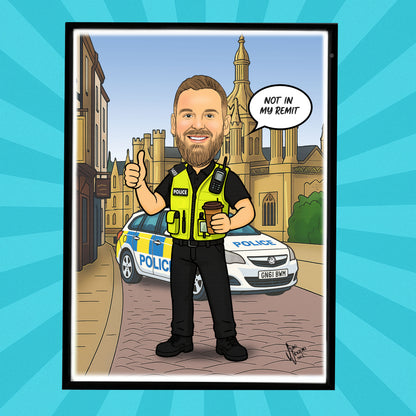 Cartoon police officer caricature with a speech bubble saying 'Not in my remit' in front of a police car and a building.