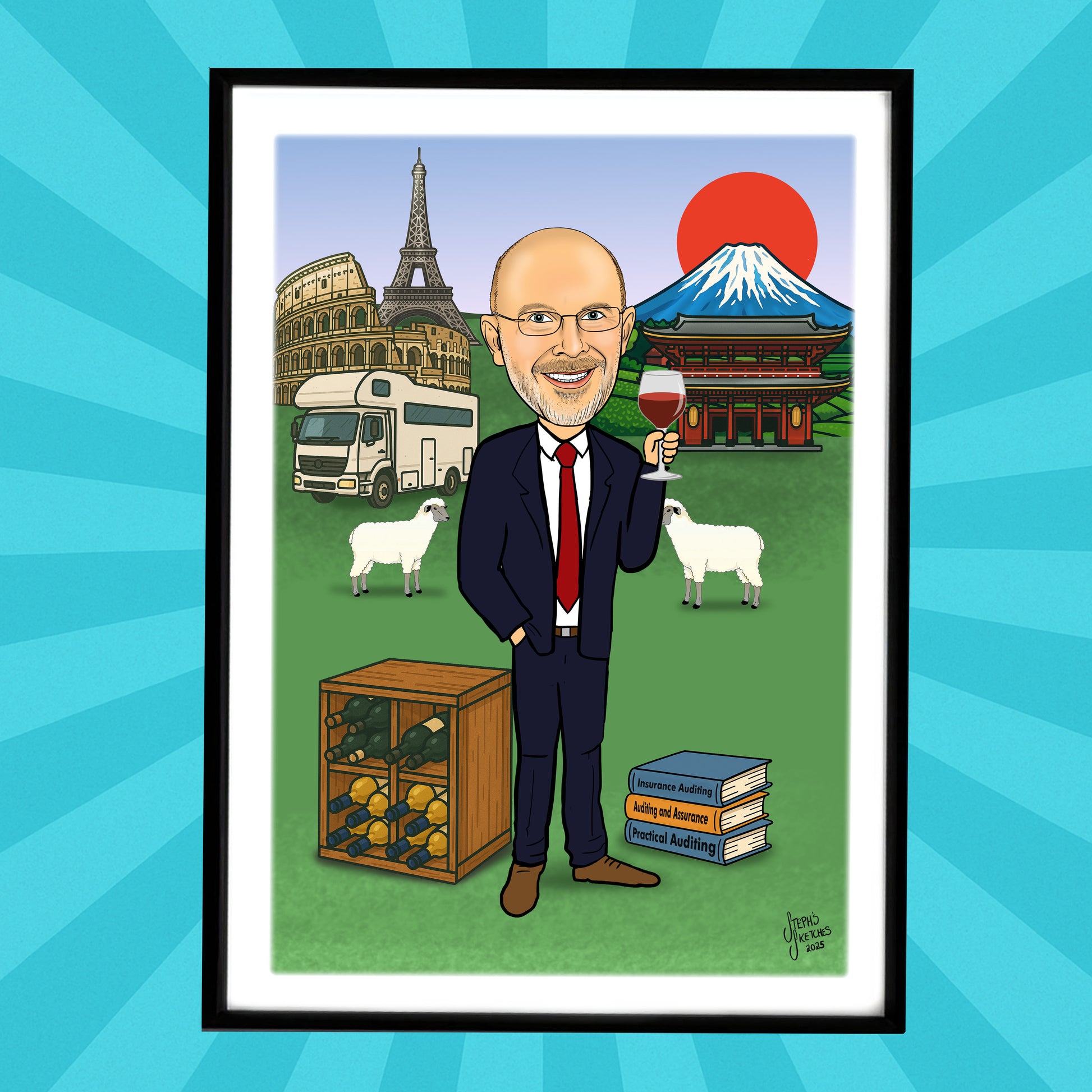 Caricature of a man in a suit with global landmarks and animals on a blue background