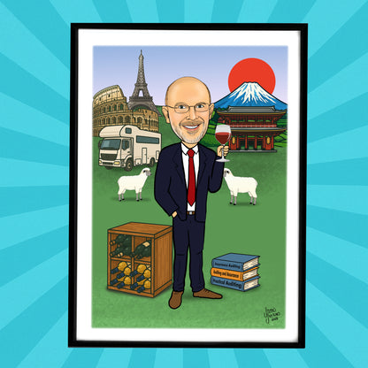 Caricature of a man in a suit with global landmarks and animals on a blue background