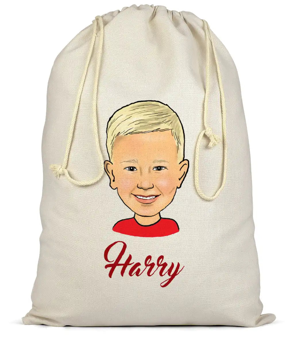 Canvas drawstring santa sack with a personalsied caricature of a boy and the name 'Harry' on a white background