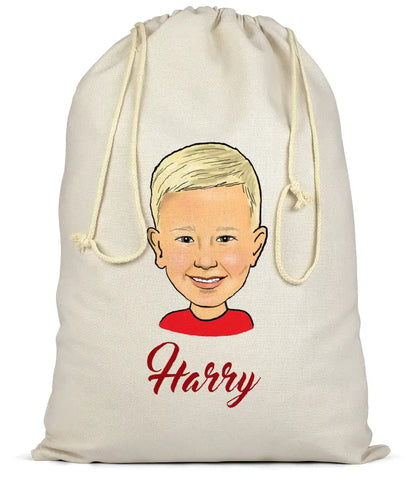 Canvas drawstring santa sack with a personalsied caricature of a boy and the name 'Harry' on a white background