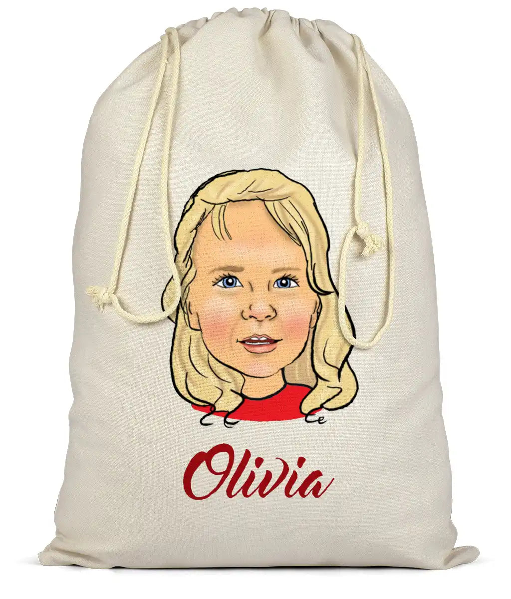 Drawstring santa sack with a personalised caricature of a young girl and the name 'Olivia' on a white background