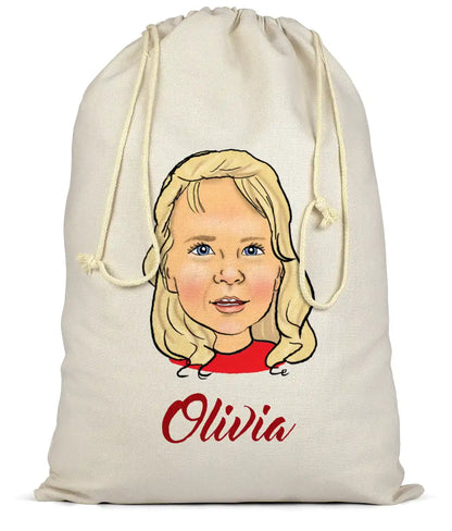 Drawstring santa sack with a personalised caricature of a young girl and the name 'Olivia' on a white background