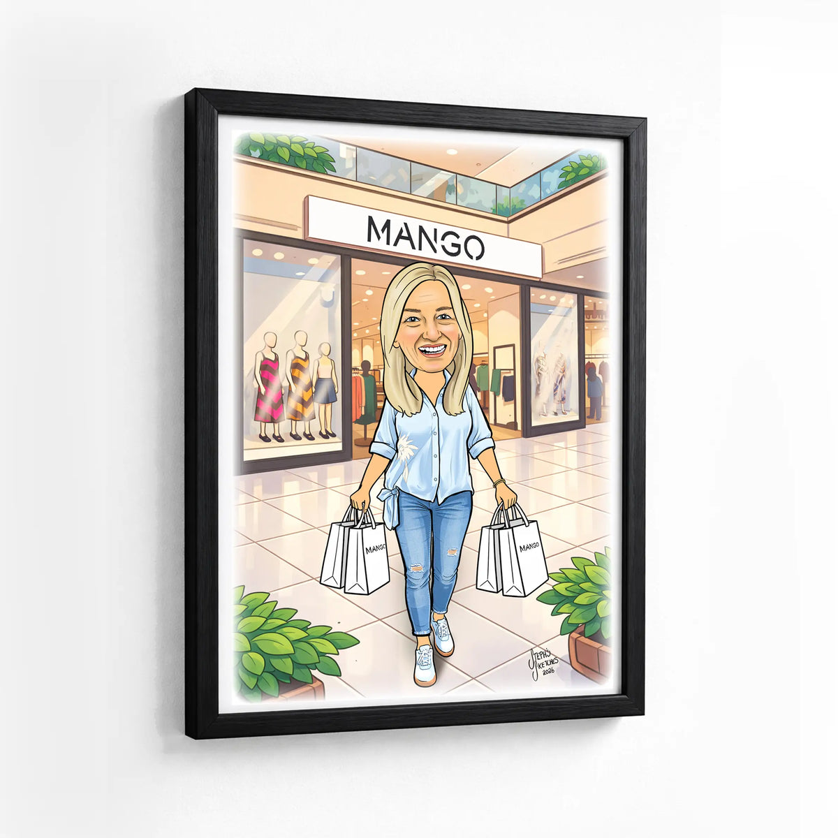shopping caricature framed, perfect 50th birthday gift for her