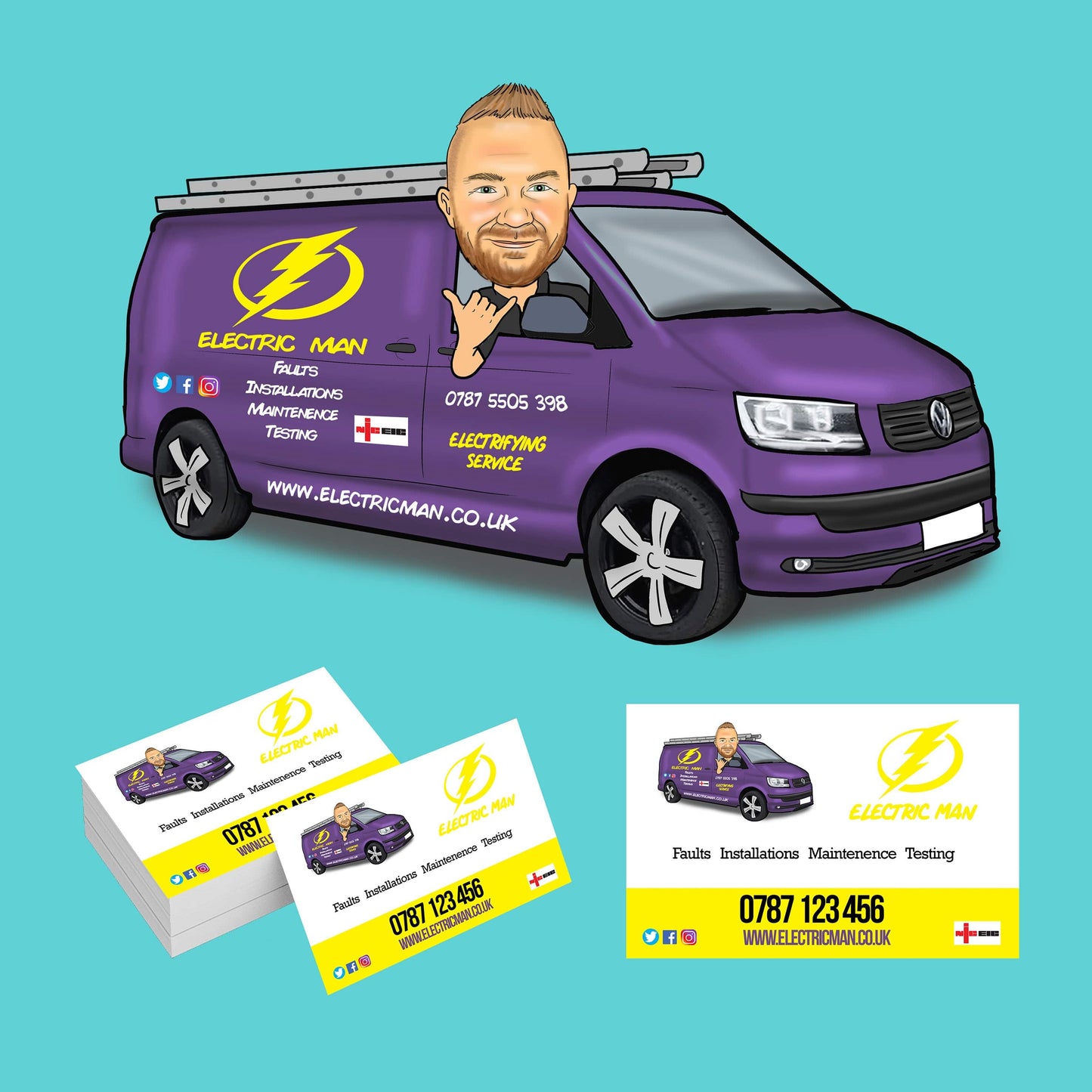 Tradesman Caricature (1 person and vehicle) and 250 business cards